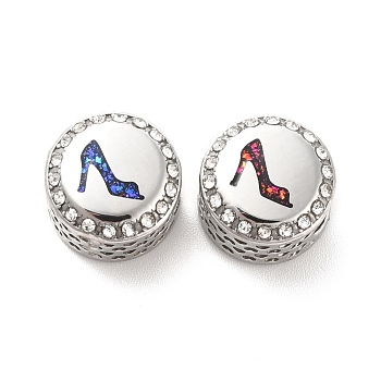 304 Stainless Steel European Beads, with Enamel & Rhinestone, Large Hole Beads, Stainless Steel Color, Flat Round with High Heel, Mixed Color, 12x8mm, Hole: 4mm