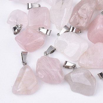 Pendentifs de quartz rose naturel, avec cliquet en acier inoxydable, pépites, 15~35x10~20x5~15mm, Trou: 3x7.5mm