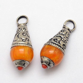 Brass Teardrop Pendants, with Resin Imitation Beeswax and Antique Silver, Orange, 26~28x11mm, Hole: 4mm