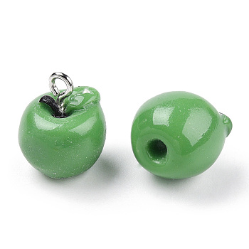 Apple Resin Charms, with Platinum Tone Iron Screw Eye Pin Peg Bails, Lime Green, 15x12mm, Hole: 2mm