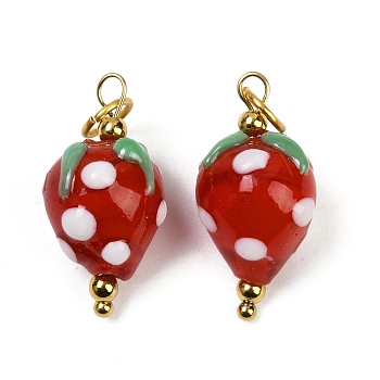 304 Stainless Steel with Handmade Lampwork Pendants, Fruit Themes, with Jump Ring, Strawberry, 24.5x11.5~12mm, Hole: 4.5mm