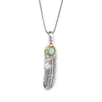 201 Stainless Steel Chain, Zinc Alloy and Rhinestone Pendant Necklaces, Feather, Synthetic Turquoise, Antique Silver, 23.62 inch(60cm)