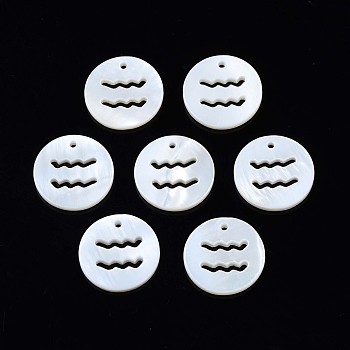 Natural Freshwater Shell Charms, Flat Round with Twelve Constellations, Hollow, Aries, 12x1.5mm, Hole: 0.9mm