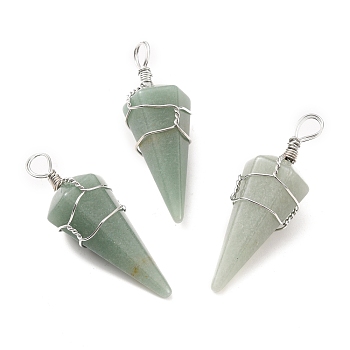 Natural Aventurine Gemstone Pendants, with Platinum Tone Copper Wire Wrapped, Cadmium Free & Lead Free, Faceted Cone, 46.5~53x17~19x17~18mm, Hole: 5~6.5mm