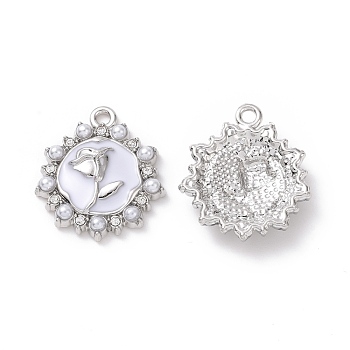 Alloy Enamel Pendants, with Plastic Beads and Crystal Rhinestone, Flat Round with Rose, Platinum, 20x17x4mm, Hole: 1.5mm