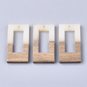 Resin & Walnut Wood Pendants, Rectangle, Antique White, 38x19.5x4mm, Hole: 2mm