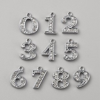 10Pcs 10 Style Zinc Alloy Pendant with Clear Glass, Number 0~9 Charms, Platinum, 15x8~13x2.5mm, Hole: 1.5mm, 1Pc/style