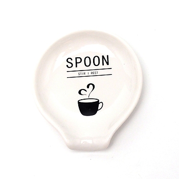 Ceramic Spoon Holder, Flat Round with Word & Coffee Pattern, Creamy White, 98x87.5x18mm, Inner Diameter: 75x70mm