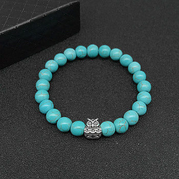 Synthetic Turquoise Stretch Bracelets for Women Men, with Tibetan Style Animals Alloy Beads, Owl, No Size
