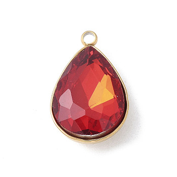 304 Stainless Steel Pendants, Teardrop, with Glass, Faceted, Real 18K Gold Plated, Red, 17.5x11x5.5mm, Hole: 1.6mm
