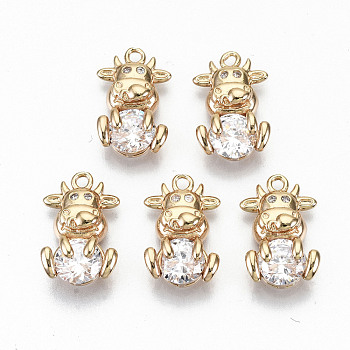 Brass Glass Rhinestone Pendants, with Micro Pave Clear Cubic Zirconia, Long-Lasting Plated, Cadmium Free & Lead Free, Cow, Light Gold, Crystal, 15x10x5mm, Hole: 1.4mm