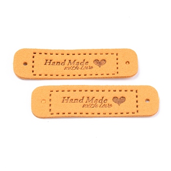 PU Leather Label Tags, Handmade Embossed Tag, with Holes, for DIY Jeans, Bags, Shoes, Hat Accessories, Rectangle with Word Handmade, Dark Orange, 55x15x1.2mm, Hole: 2mm