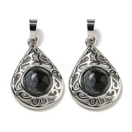 Natural Black Silk Stone Pendants, Rack Plating Brass Hollow Teardrop Charms, Cadmium Free & Lead Free, Platinum, 29.5x19.5x7.5mm, Hole: 7.5x5mm(G-Q158-05P-11)