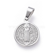 304 Stainless Steel Pendants, Religion, Flat Round with Saint Benedict, Stainless Steel Color, 15x12x1.5mm, Hole: 5x3mm(X-STAS-H458-36P-D)