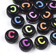 Opaque Black Acrylic Beads, Horizontal Hole, Flat Round with Mixed Color Letter, Letter.C, 7x4mm, Hole: 1.6mm, about 3600pcs/500g(MACR-N008-17C)