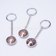 Synthetic Goldstone Keychain, with Iron Key Rings, Iron Chain and Brass Finding, Flat Round with Tree of Life, 100~120mm, Pendant: 31x27x7mm(KEYC-E023-02A)