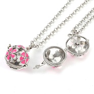 Brass Enamel with Rhinestone Pendant Necklaces, Iron Rolo Chains, Round with Flower Pattern, Platinum, Flamingo, 32.76 inch(832mm)(NJEW-G089-09B-03)