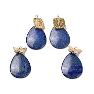 Natural Lapis Lazuli Pendants, Teardrop Charm, with Ion Plating(IP) Golden Tone 304 Stainless Steel Rectangle/Butterfly Findings, 38.5mm, Teardrop: 32.5x23.5x4mm, Hole: 2mm(G-H279-01G)
