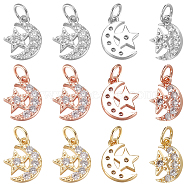 Nbeads 12Pcs 3 Colors  Brass Micro Pave Cubic Zirconia Charms, with Jump Ring, Long-Lasting Plated, Moon with Star, Mixed Color, 12x9x2mm, Hole: 3mm, 4pcs/color(ZIRC-NB0001-81)