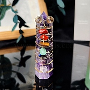 Wire Wrapped Tower Natural Amethyst Healing Stone Wands, with Natural Gemstone Chip, for Reiki Chakra Meditation Therapy Decos, Hexagon Prism, 65~70mm(PW-WG61976-04)