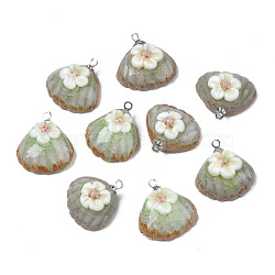 Handmade Porcelain Pendants, with Platinum Plated Brass Findings, Famille Rose Style, Shell with Flower, Flamingo, 18~19x17~18x6~8mm, Hole: 1.6mm(PORC-N004-133B)