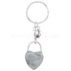 Natural Labradorite Keychain, with Brass Finding, Heart, 7.4cm(PW-WGCB953-03)