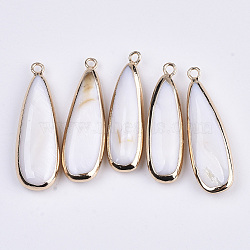 Natural Freshwater Shell Pendants, with Golden Plated Brass Open Back Settings, Teardrop, Seashell Color, 32~34x9.5~11x5.5mm, Hole: 1.6mm(X-SSHEL-R045-14)