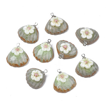 Handmade Porcelain Pendants, with Platinum Plated Brass Findings, Famille Rose Style, Shell with Flower, Flamingo, 18~19x17~18x6~8mm, Hole: 1.6mm