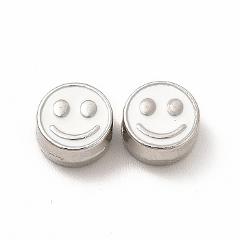 Rack Plating Alloy Enamel Beads, Cadmium Free & Nickel Free & Lead Free, Flat Round with Smiling Face Pattern, Platinum, White, 7.5x4mm, Hole: 2mm