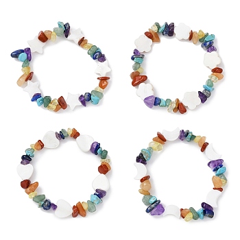 Natural & Synthetic Mixed Gemstone Chips & Shell Beaded Stretch Bracelet, Mixed Shapes, Wide: 8~12mm, Inner Diameter: 1-5/8~1-3/4 inch(4.05~44.5cm)
