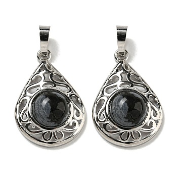 Natural Black Silk Stone Pendants, Rack Plating Brass Hollow Teardrop Charms, Cadmium Free & Lead Free, Platinum, 29.5x19.5x7.5mm, Hole: 7.5x5mm