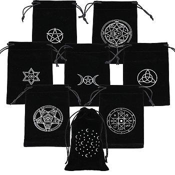 8Pcs 8 Styles Rectangle Black Velvet Craft Drawstring Bags, Tarot Cards Storage Pouches, for Playing Cards, Jewelry Storage, Star & Eye & Pentagon & Moon Phase, Mixed Patterns, 18x11.5x0.2cm, 1pc/style