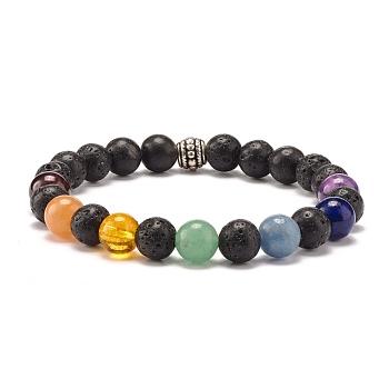 Natural Lava Rock & Mixed Stone Round Beads Stretch Bracelet, 7 Chakra Jewelry for Women, Inner Diameter: 2-3/8 inch(5.9cm)