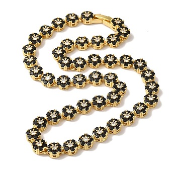 Rack Plating Brass Pave Cubic Zirconia Flower Link Necklaces for Women, Cadmium Free & Lead Free, Long-Lasting Plated, Real 18K Gold Plated, Black, 16.26 inch(413mm)