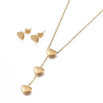 Heart 304 Stainless Steel Jewelry Sets, Cable Chains Pendant Necklaces and Stud Earrings, with Ear Nuts and Lobster Claw Clasps, Golden, 20.03 inch(50.9cm), 7x9mm, Pin: 0.7mm