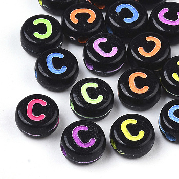 Opaque Black Acrylic Beads, Horizontal Hole, Flat Round with Mixed Color Letter, Letter.C, 7x4mm, Hole: 1.6mm, about 3600pcs/500g