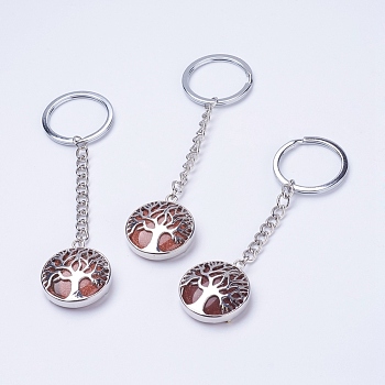 Synthetic Goldstone Keychain, with Iron Key Rings, Iron Chain and Brass Finding, Flat Round with Tree of Life, 100~120mm, Pendant: 31x27x7mm