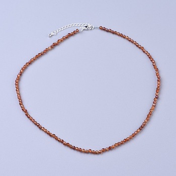 Natural Garnet Beaded Necklaces, with Brass Lobster Claw Clasps, Faceted Round Beads, 16.5 inch~16.7 inch(42~42.5cm)x2mm