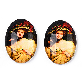 Glass Cabochons, with European Style Pattern, Oval, Goldenrod, 25x18x6mm