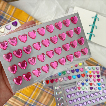 Plastic Rhinestone Self-Adhesive Stickers, Waterproof Bling Faceted Heart Crystal Decals for Party Decorative Presents, Kid's Art Craft, Fuchsia, 75x150mm