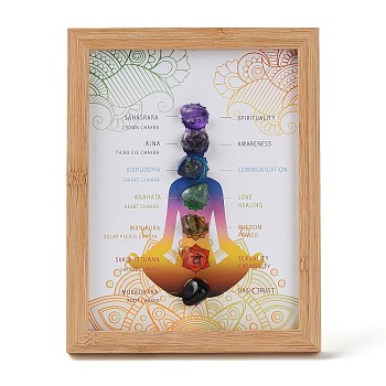 Yoga Gemstone Chakra Picture Frame Stand, with Wood Rectangle Picture Frame, Reiki Energy Stone Home Office Decoration, BurlyWood, 115x177x217mm, Inner Diameter: 198x152mm