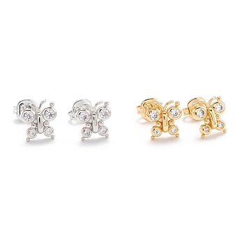Brass Micro Pave Clear Cubic Zirconia Stud Earrings, with Ear Nuts, Long-Lasting Plated, Butterfly, Mixed Color, 9.5x9x3mm, Pin: 1mm