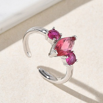 Brass Micro Pave Cubic Zirconia Cuff Open Rings for Women, Horse Eye, with Glass, Long-Lasting Plated, Rack Plating, Platinum, Deep Pink, 11mm, Inner Diameter: 18mm