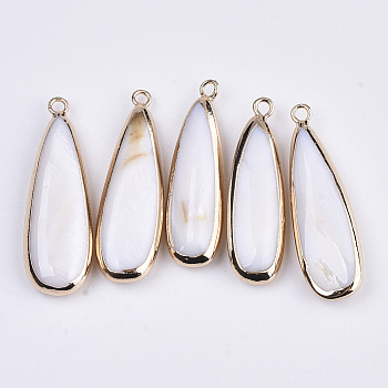 Natural Freshwater Shell Pendants, with Golden Plated Brass Open Back Settings, Teardrop, Seashell Color, 32~34x9.5~11x5.5mm, Hole: 1.6mm