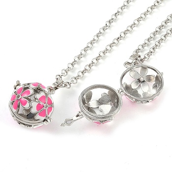 Brass Enamel with Rhinestone Pendant Necklaces, Iron Rolo Chains, Round with Flower Pattern, Platinum, Flamingo, 32.76 inch(832mm)