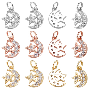 Nbeads 12Pcs 3 Colors  Brass Micro Pave Cubic Zirconia Charms, with Jump Ring, Long-Lasting Plated, Moon with Star, Mixed Color, 12x9x2mm, Hole: 3mm, 4pcs/color