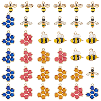 SUNNYCLUE Alloy Pendants, with Enamel and Rhinestone, Honeycomb & Bees, Mixed Color, 36pcs/box