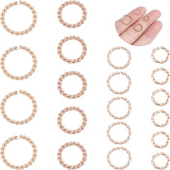 60Pcs 4 Styles 304 Stainless Steel Jump Rings, Open Jump Rings, Twisted, Rose Gold, 6~12x1~1.5mm, Inner Diameter: 4~9mm, 15pcs/style