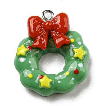 Opaque Resin Pendants, Christmas Charms with Platinum Plated Iron Loops, Green, Christmas Wreath, 26x23x8mm, Hole: 2mm