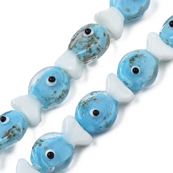 Handmade Lampwork Beads Strands, with Glitter Powder, Fish, Deep Sky Blue, 19~20x12.5x9mm, Hole: 0.8mm, about 25pcs/strand, 18.90 inch(48cm)